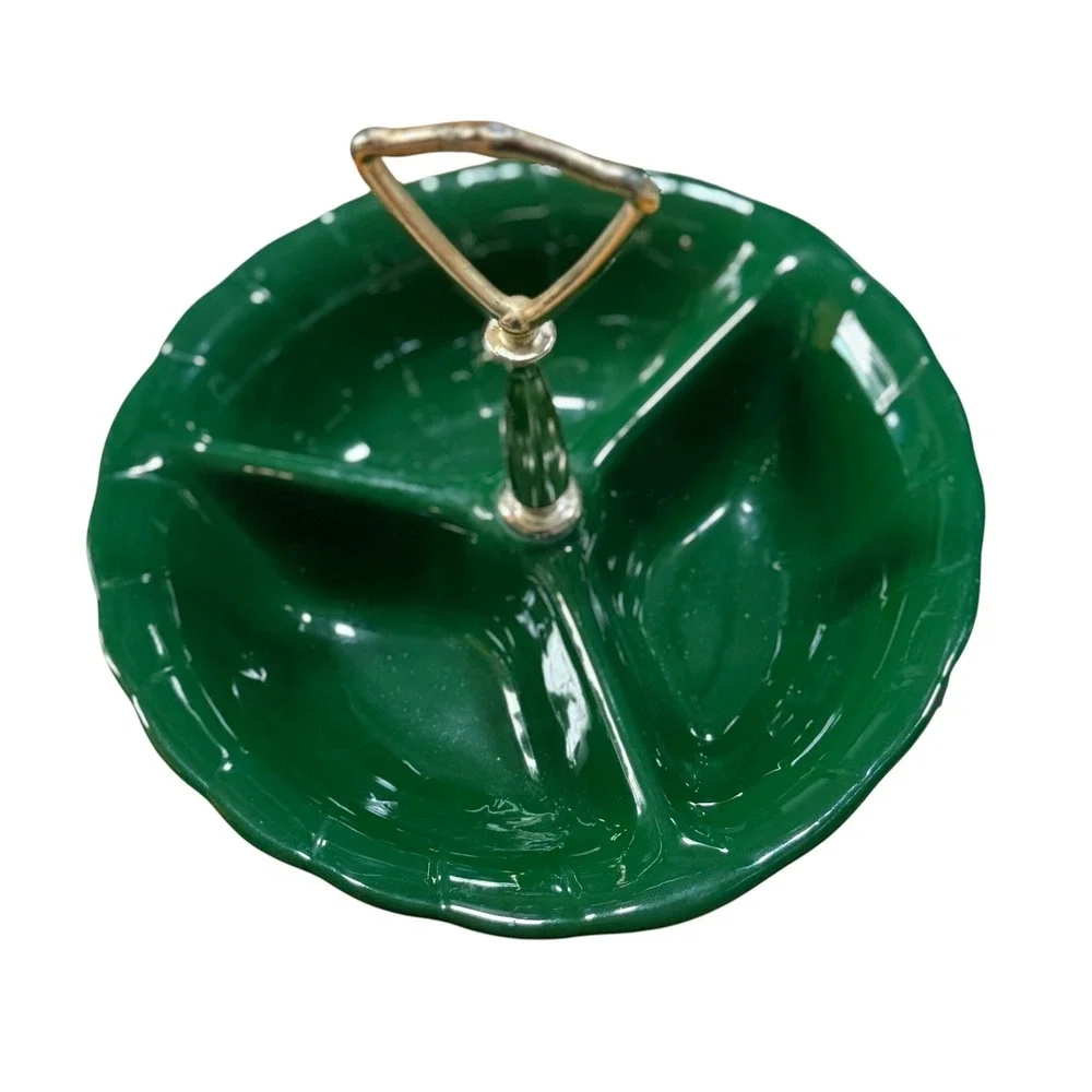 Lane & Co Van Nuys Calif 1960 Vintage Green Ceramic Divided Serving Dish Handle